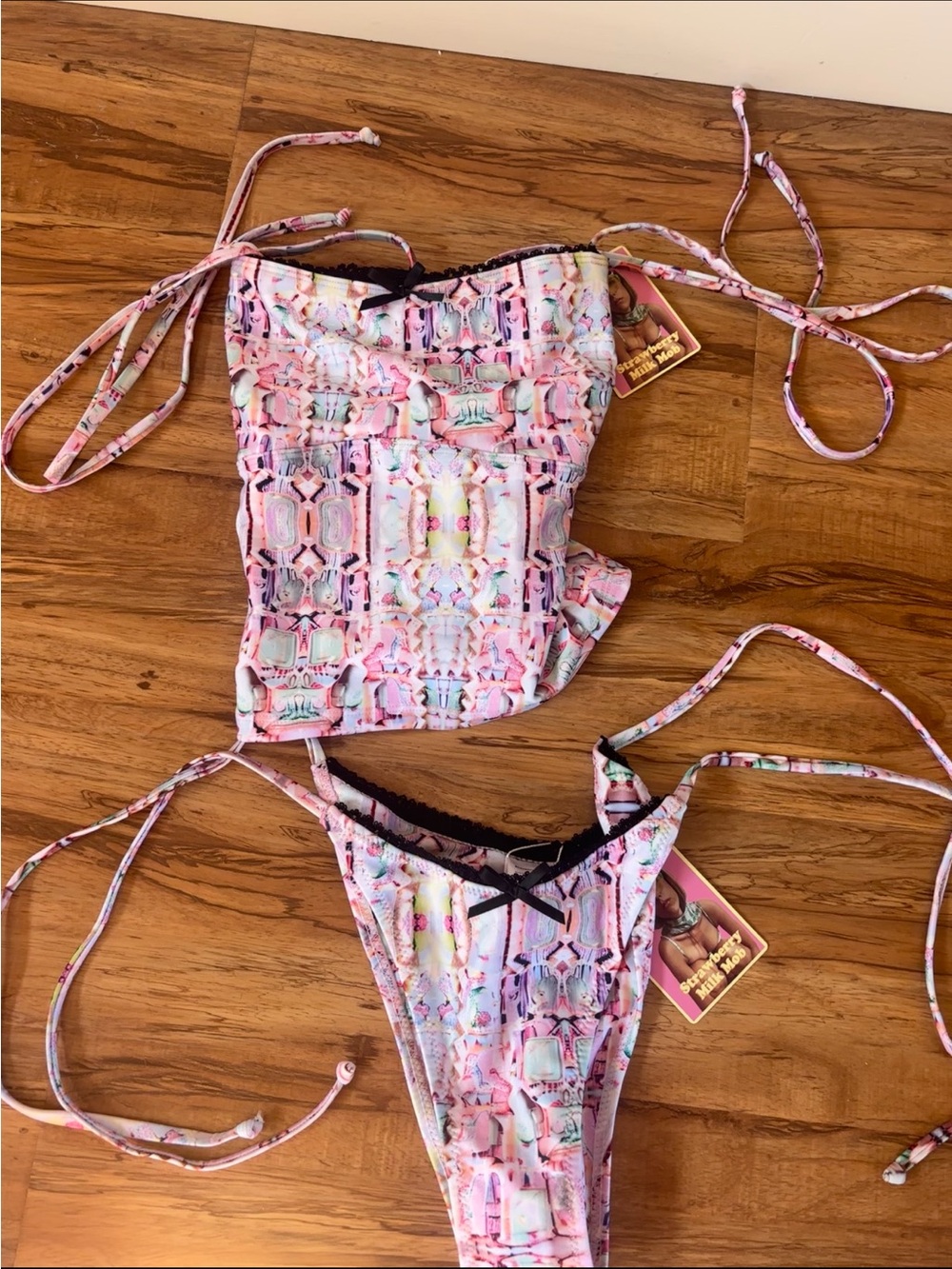 Strawberry Milk Mob Pink Multi-Pattern Tie Bikini Set